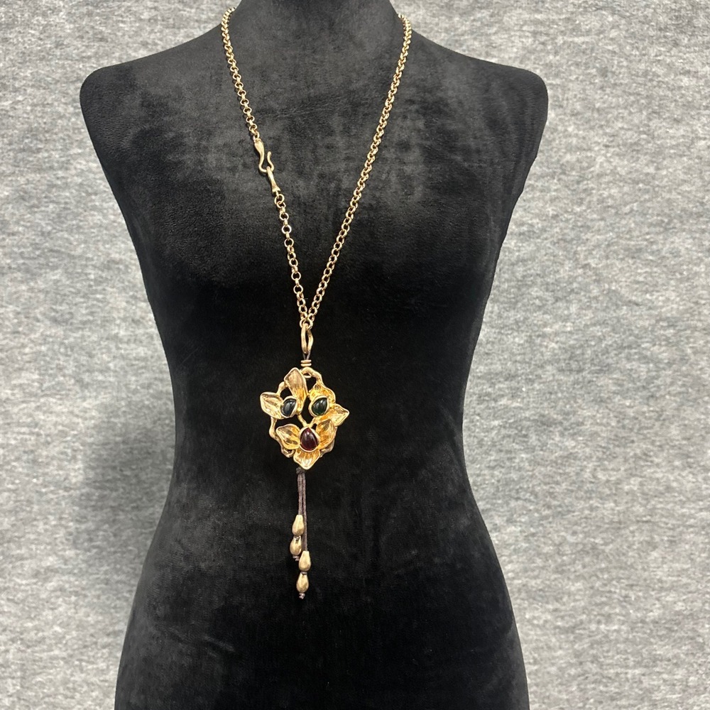 VTG Gold Tone Floral Cabochon Pendant Necklace Boho Tassel S-Hook Clasp 24 Inch